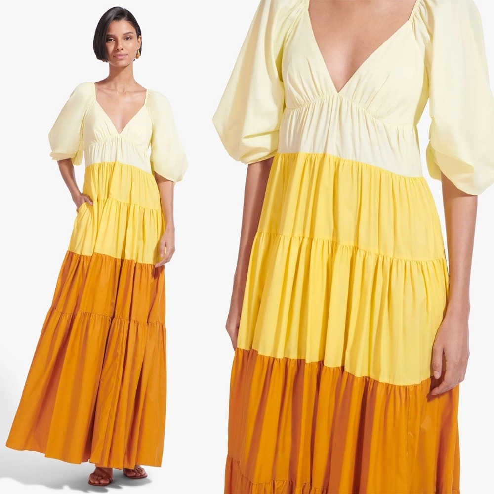 STAUD Dress Meadows Yellow Orange Color Block Tiered Maxi Dress Puff Sleeve Sz L